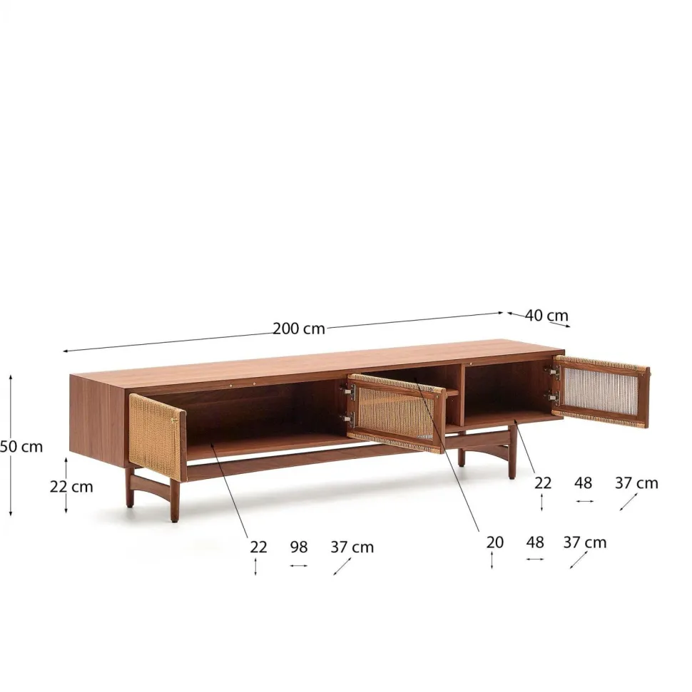 Kave Home Elan Tv skab 3 døre finer og massiv valnød og snor 200 x 50 cm Fsc 100% Fsc